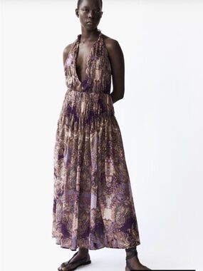 H&M Purple Paisley Halter Maxi Dress with Deep V